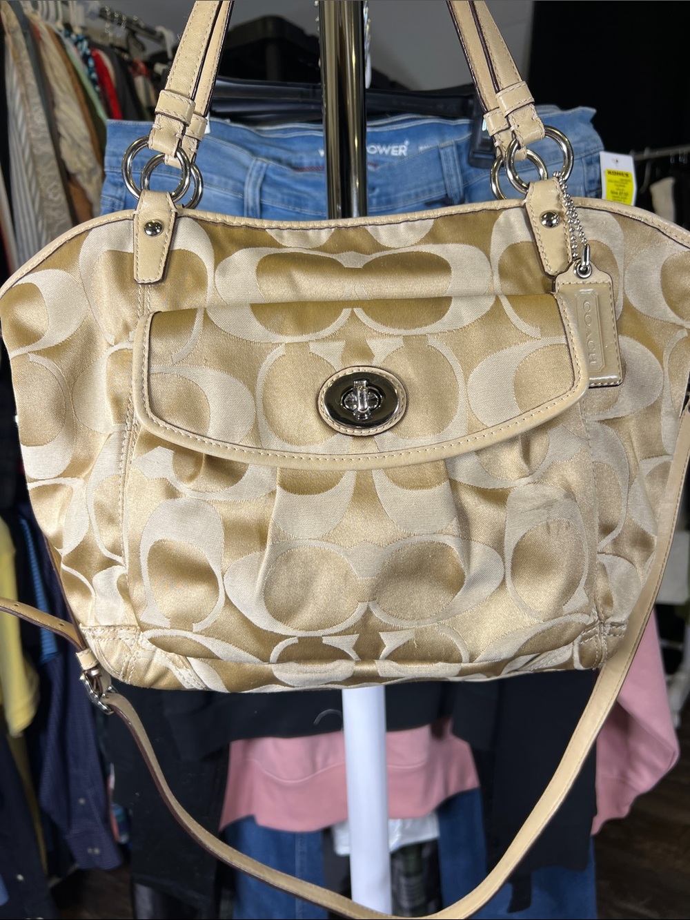 Coach Gold Satin Signature Tote with Turnlock Pocket